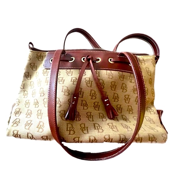 Dooney & Bourke Vintage Canvas Signature DB Leather w/ Tassel Tan Tote Handbag - Picture 1 of 13